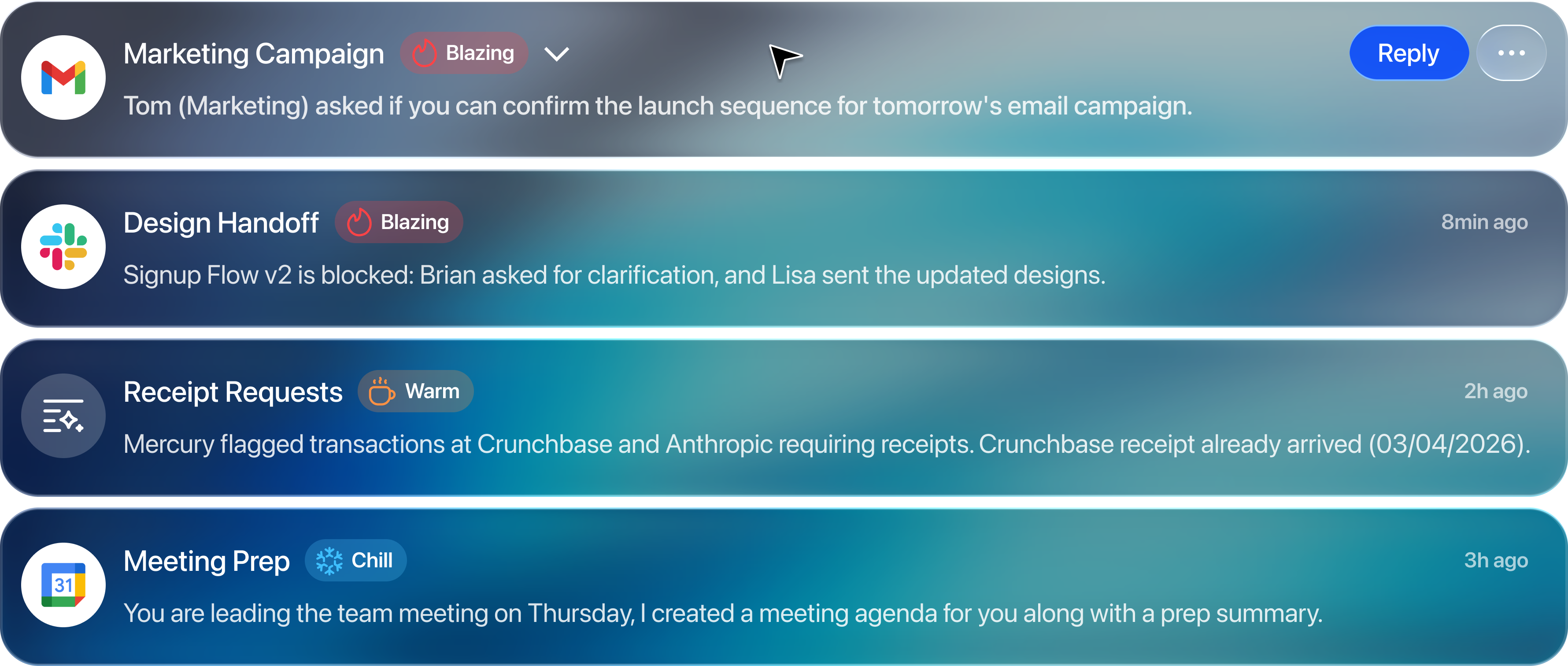 Mya insights feed showing an email insight